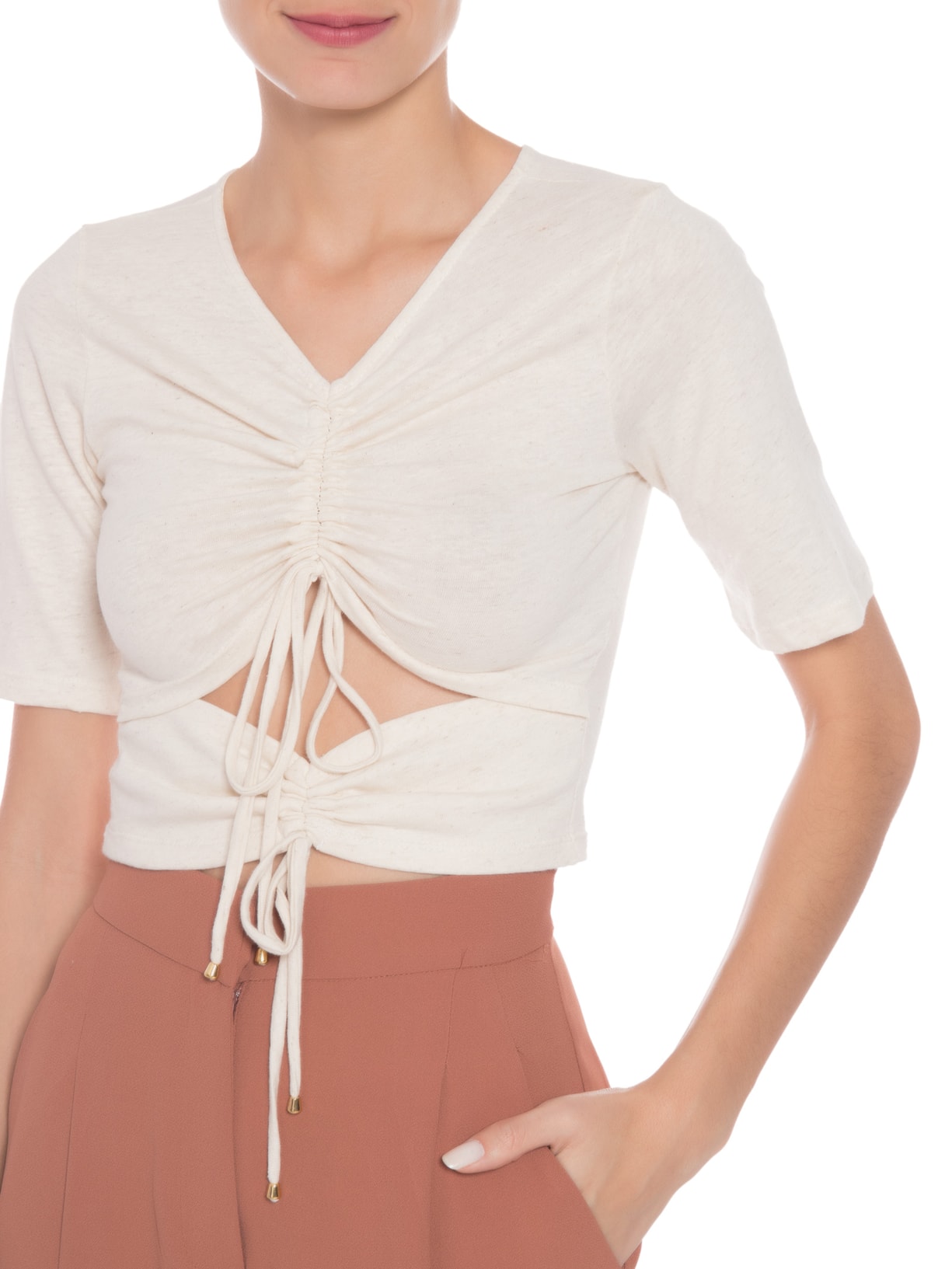 Blusa Feminina Malha Natural Linho Manga Curta Franzidos Bege '2Essential