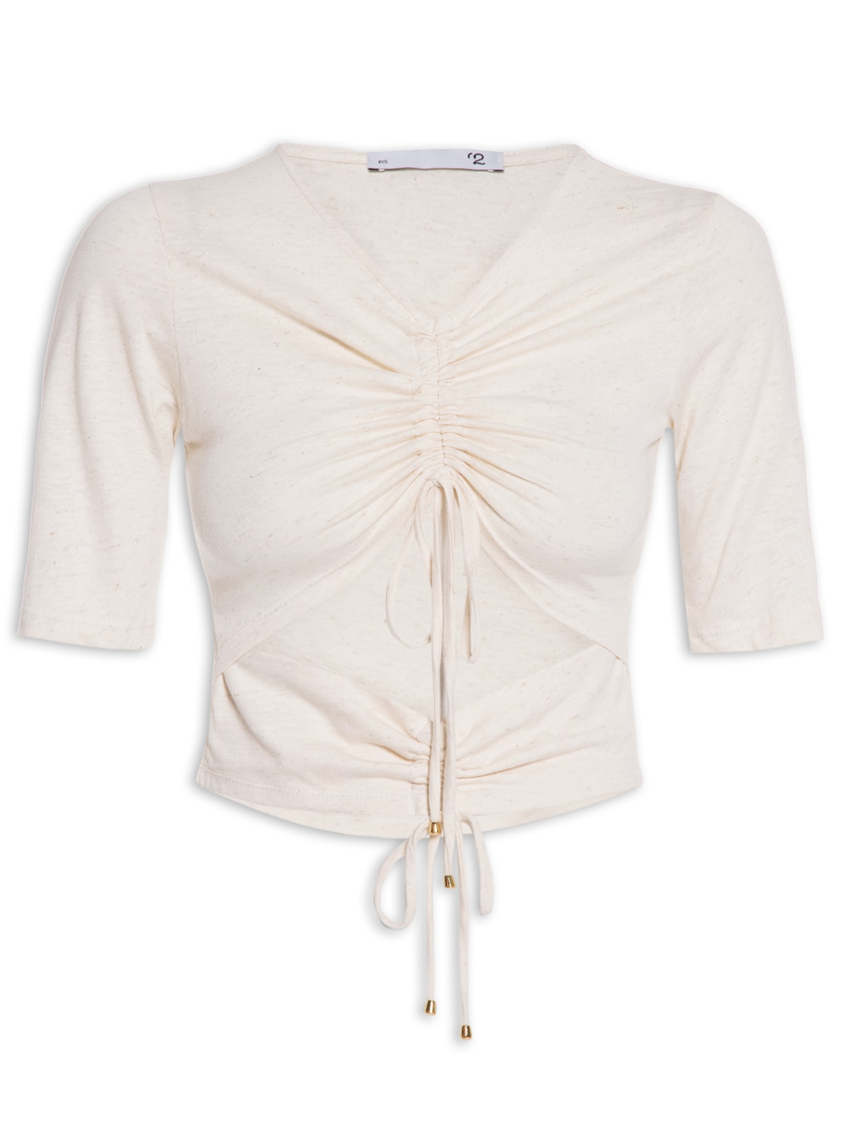 Blusa Feminina Malha Natural Linho Manga Curta Franzidos Bege '2Essential