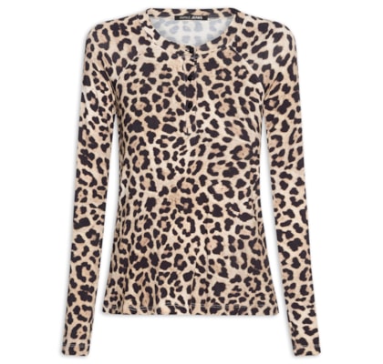 Blusa Feminina Malha Raglan Botões Estampada - Animal Print