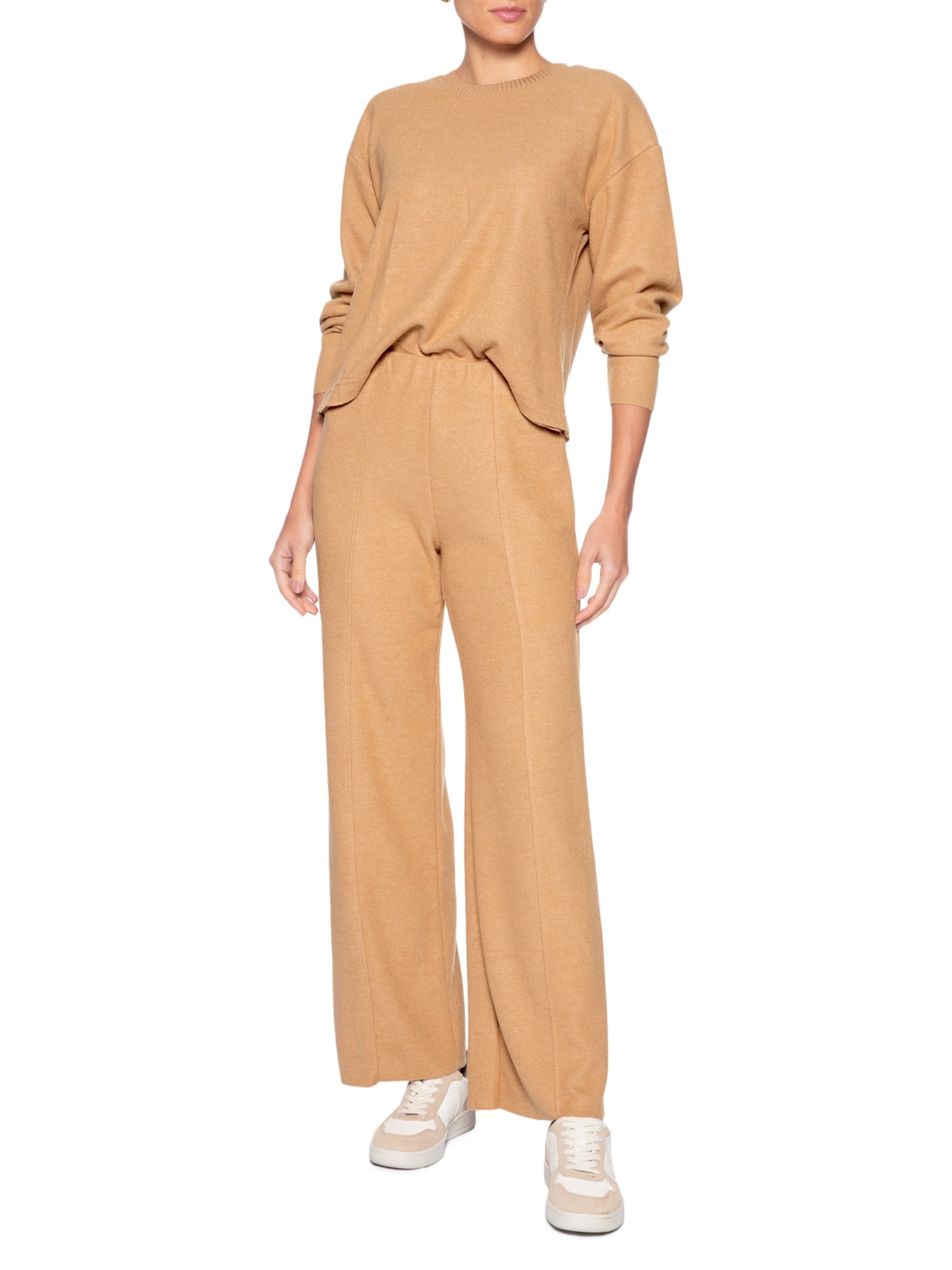 Blusa Feminina Malha Tricot Manga Longa Bege Basiq
