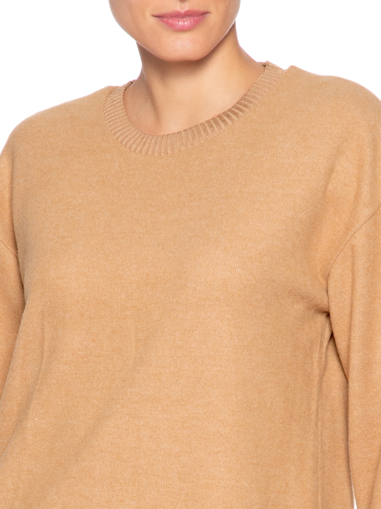 Blusa Feminina Malha Tricot Manga Longa Bege Basiq