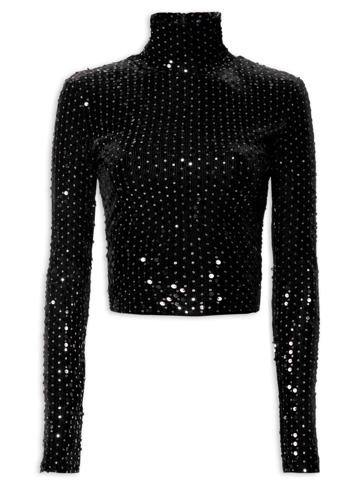 Blusa Feminina Malha Veludo Paetê Manga Longa - Preto