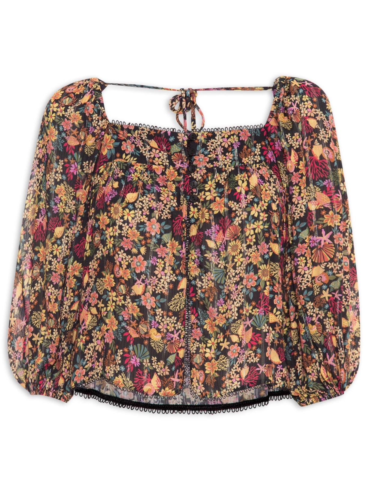 Blusa Feminina Manga 3/4 Lurex Estampa água Doce - Preto