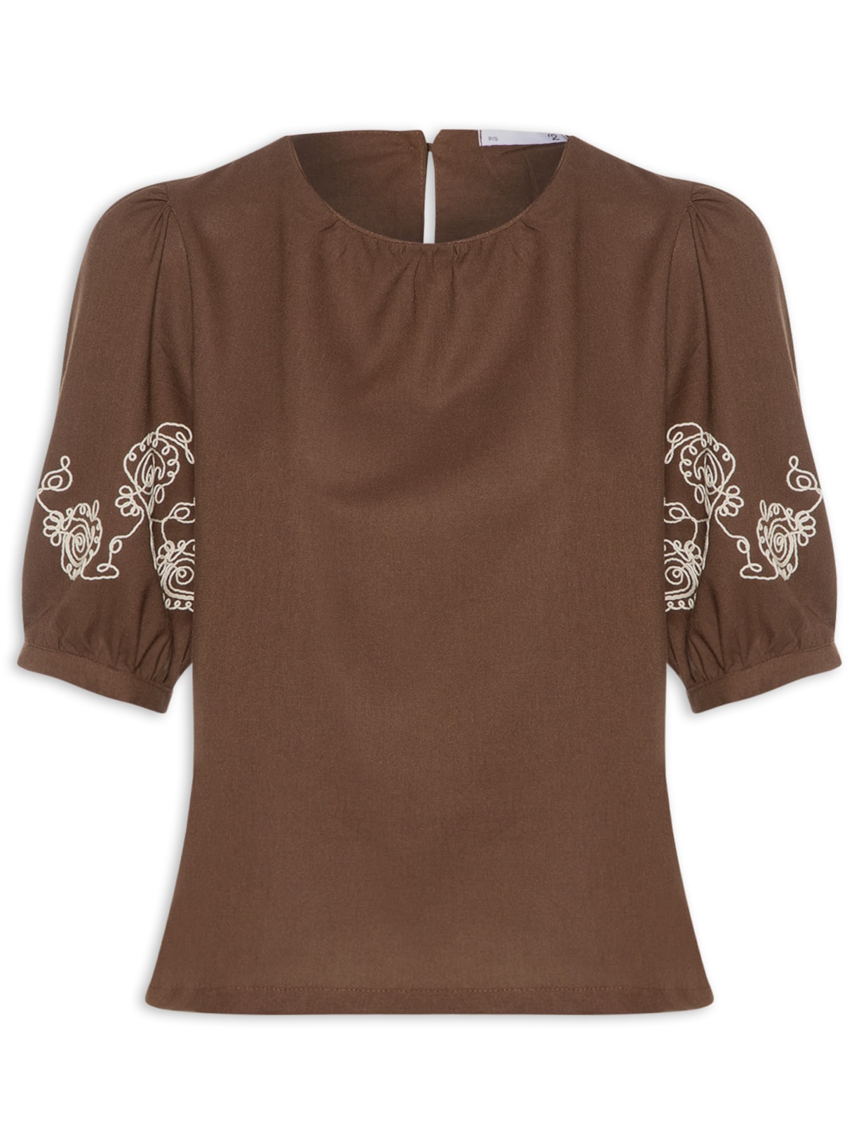 Blusa Feminina Manga Bufante com Bordado Marrom '2Essential