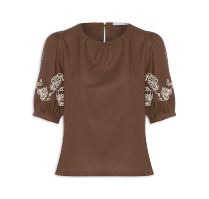 Blusa Feminina Manga Bufante com Bordado - Marrom