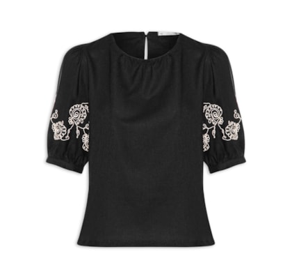 Blusa Feminina Manga Bufante com Bordado - Preto