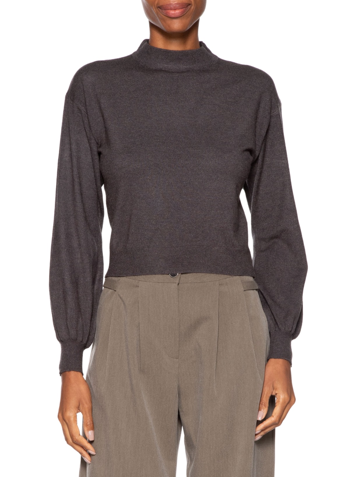 Blusa Feminina Manga Bufante Em Tricot Cinza '2Essential