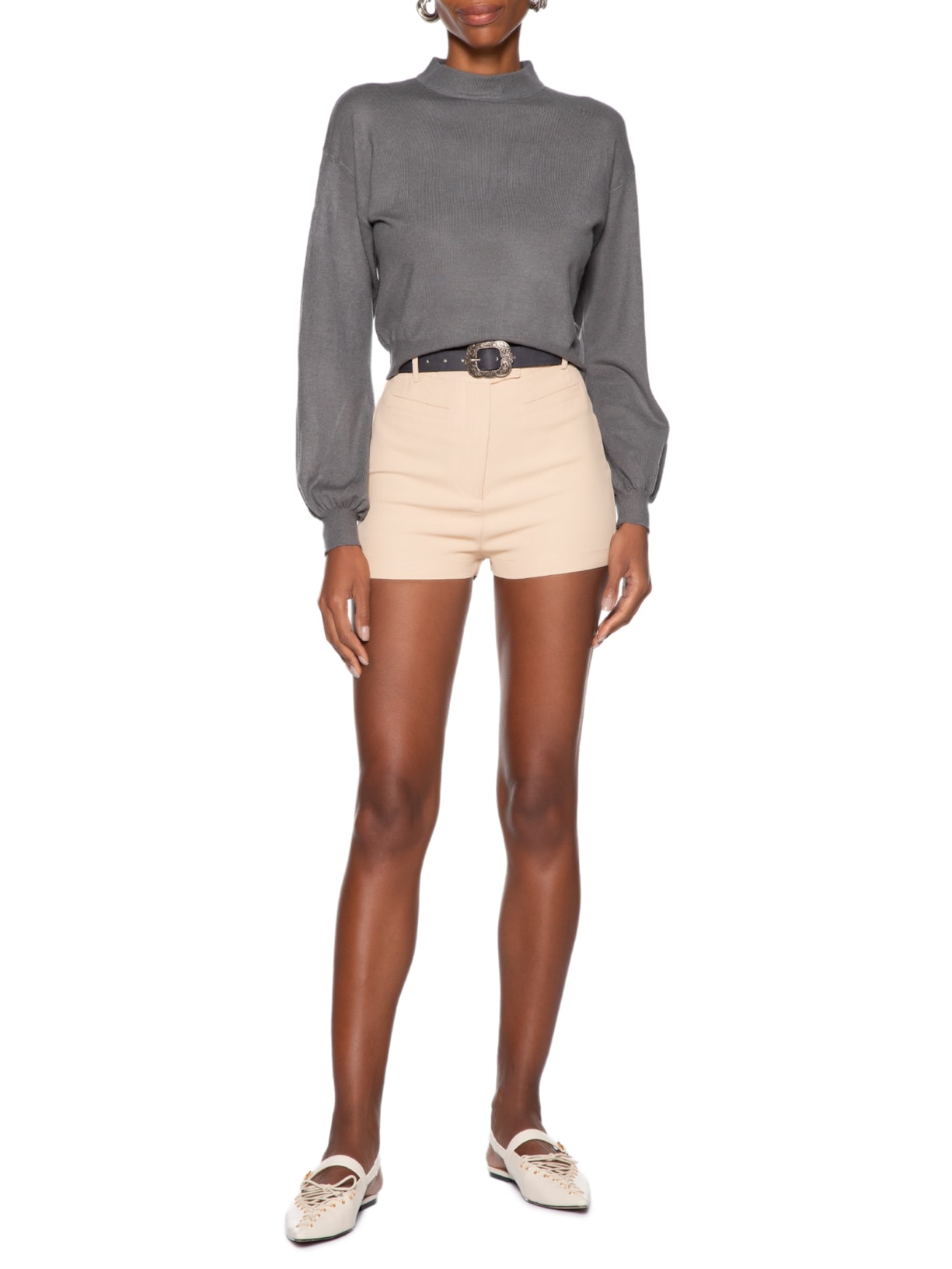 Blusa Feminina Manga Bufante Em Tricot Cinza '2Essential