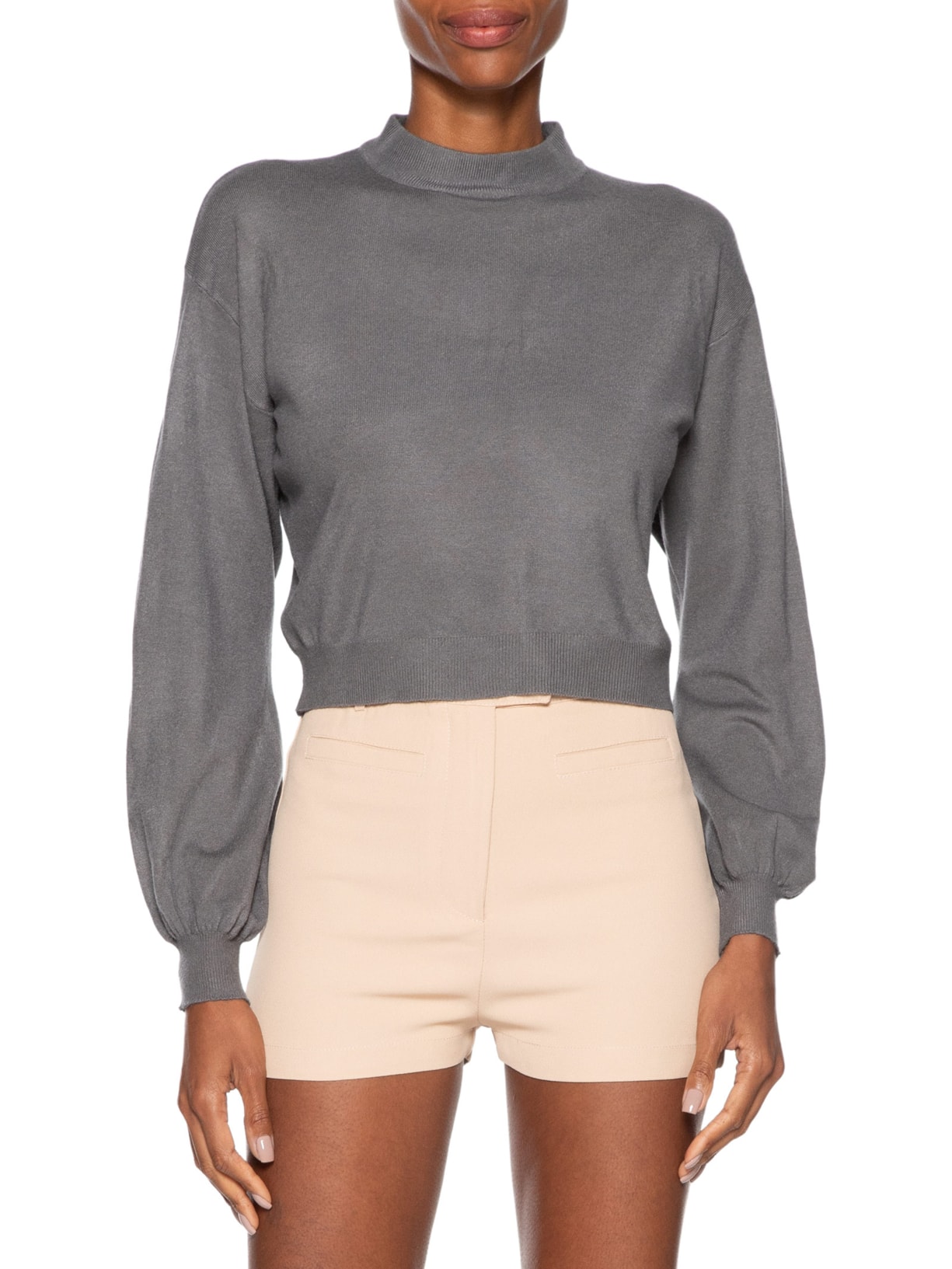 Blusa Feminina Manga Bufante Em Tricot Cinza '2Essential