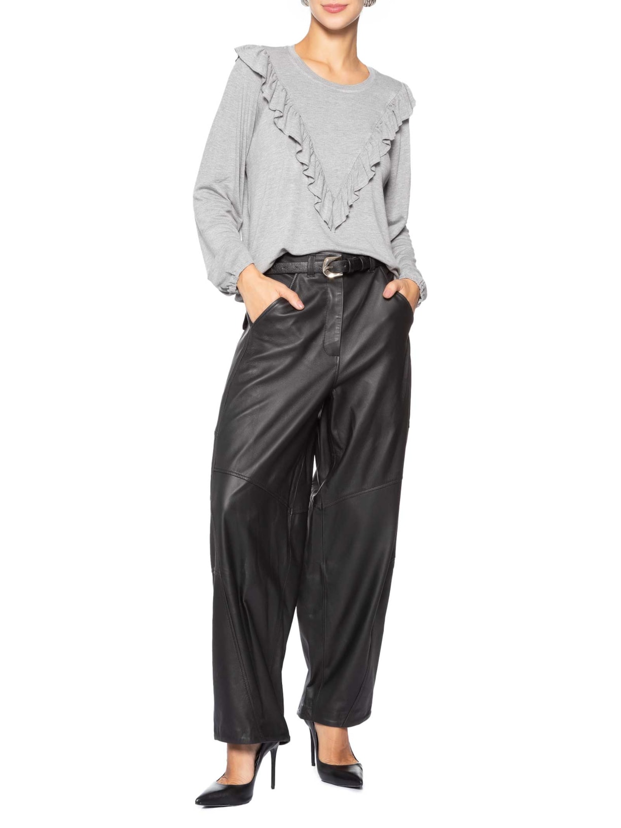 Blusa Feminina Manga Comprida Babado Cinza Animale