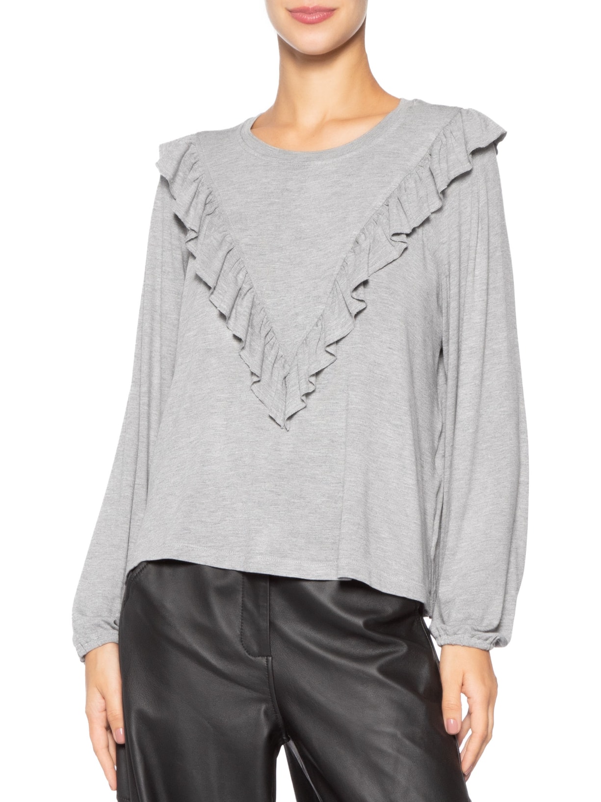 Blusa Feminina Manga Comprida Babado Mescla Cinza Animale