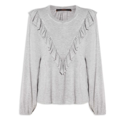 Blusa Feminina Manga Comprida Babado Mescla - Cinza
