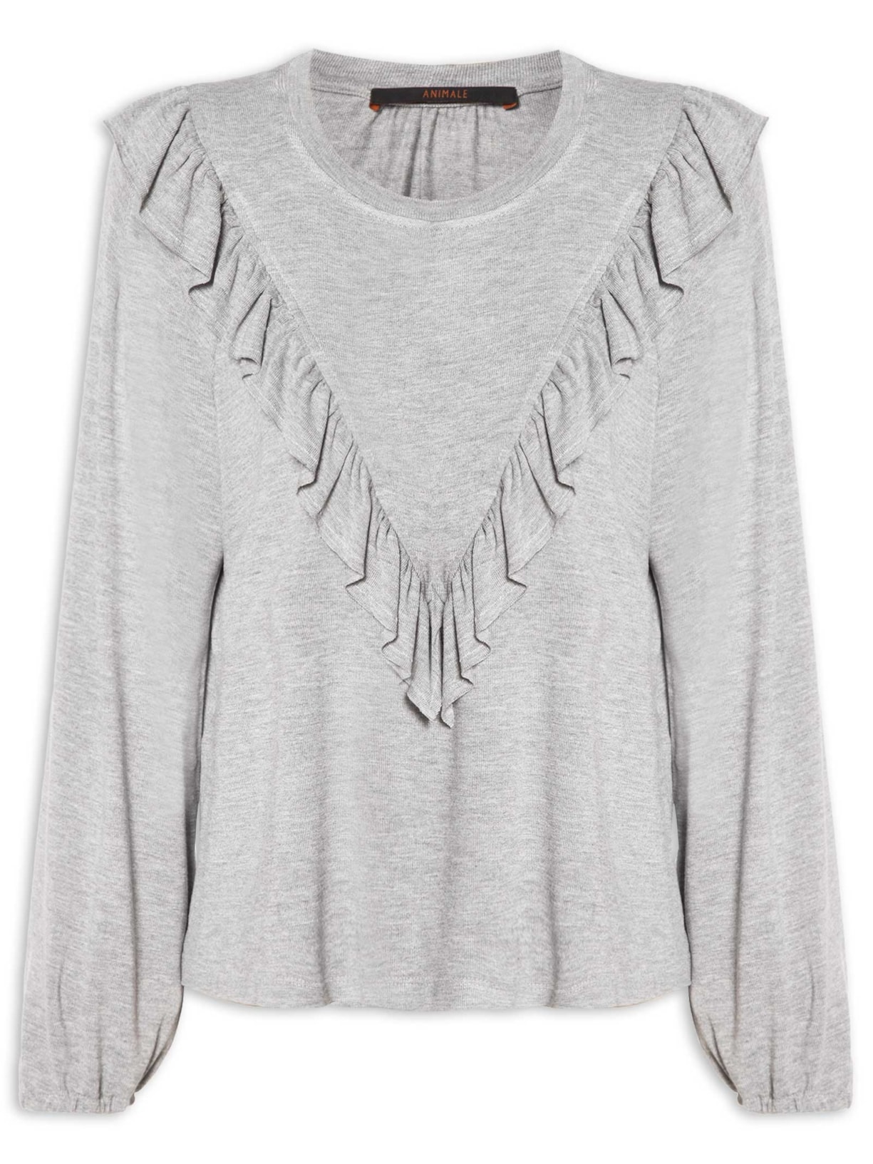 Blusa Feminina Manga Comprida Babado Mescla - Cinza