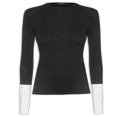 Blusa Feminina Manga Comprida Bicolor P&B - Preto