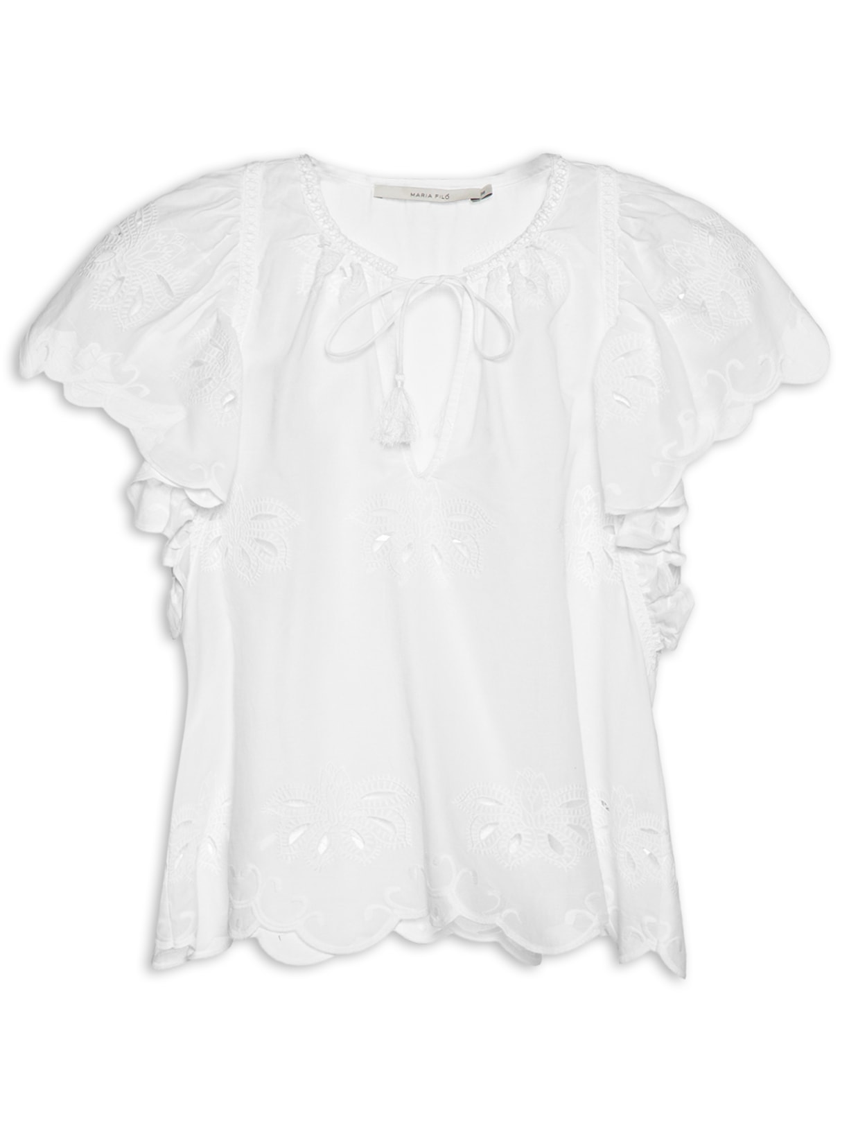Blusa Feminina Manga Curta Bordado Lotus Branco Maria Filó