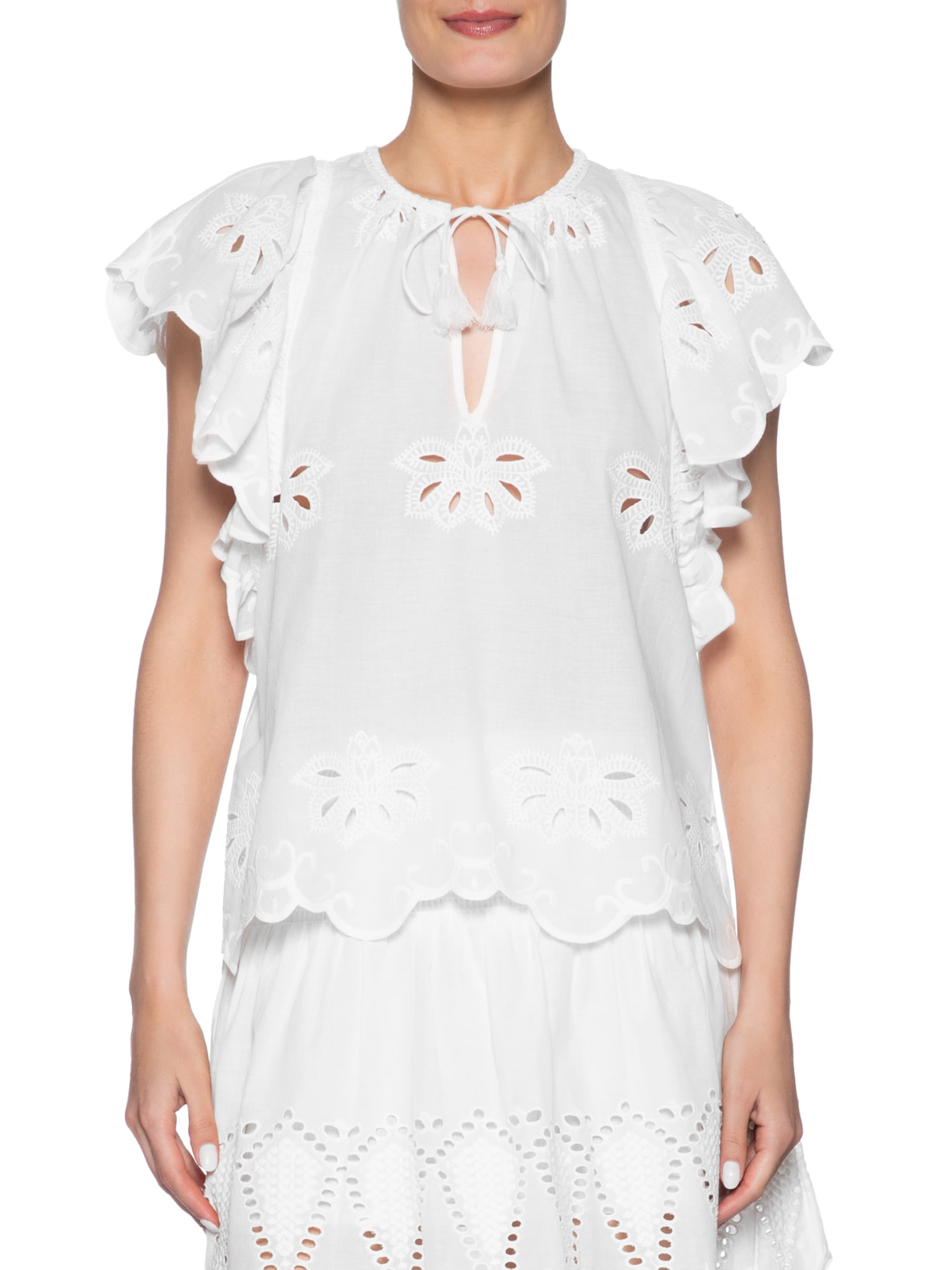 Blusa Feminina Manga Curta Bordado Lotus Branco Maria Filó