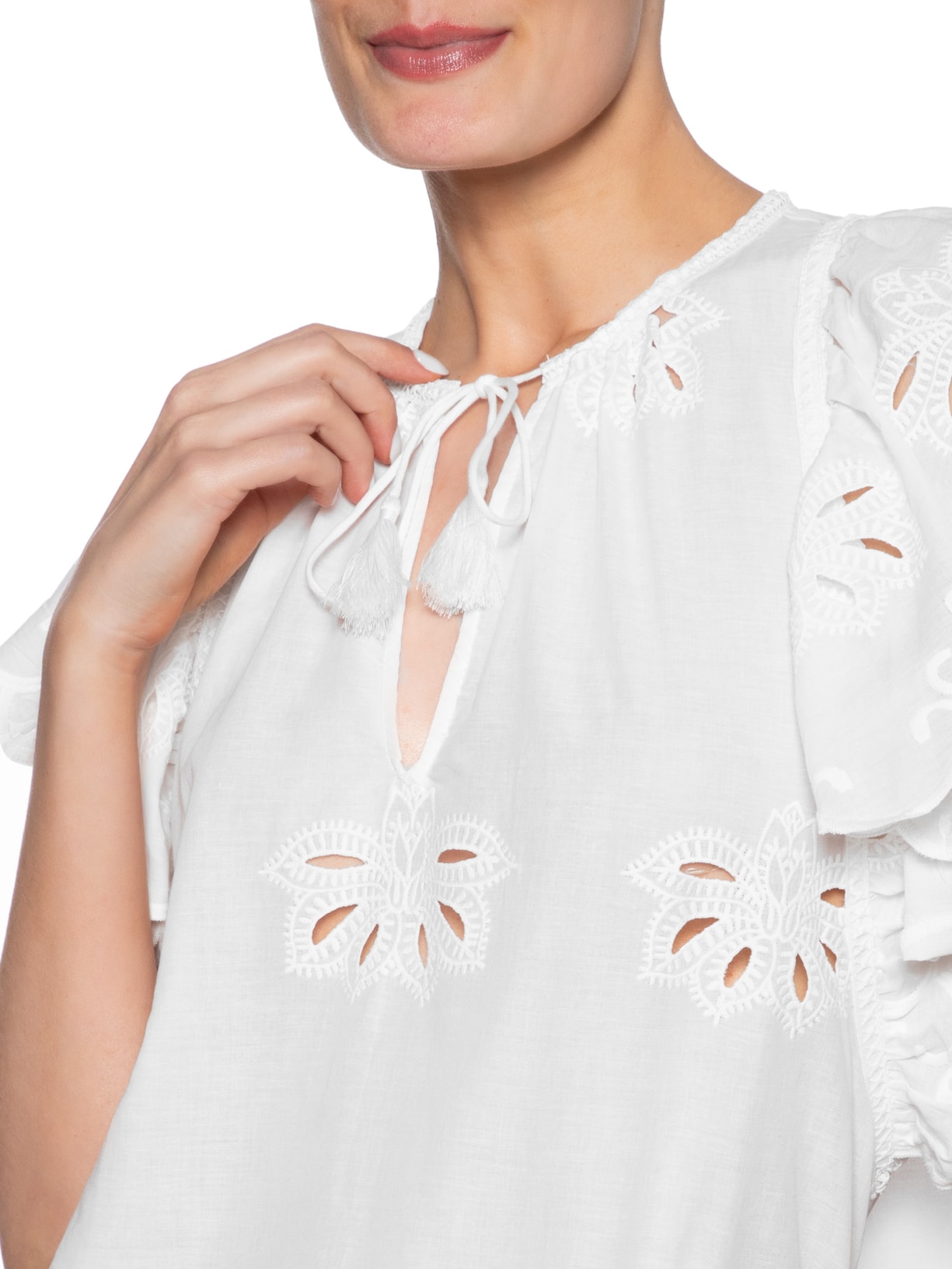 Blusa Feminina Manga Curta Bordado Lotus Branco Maria Filó