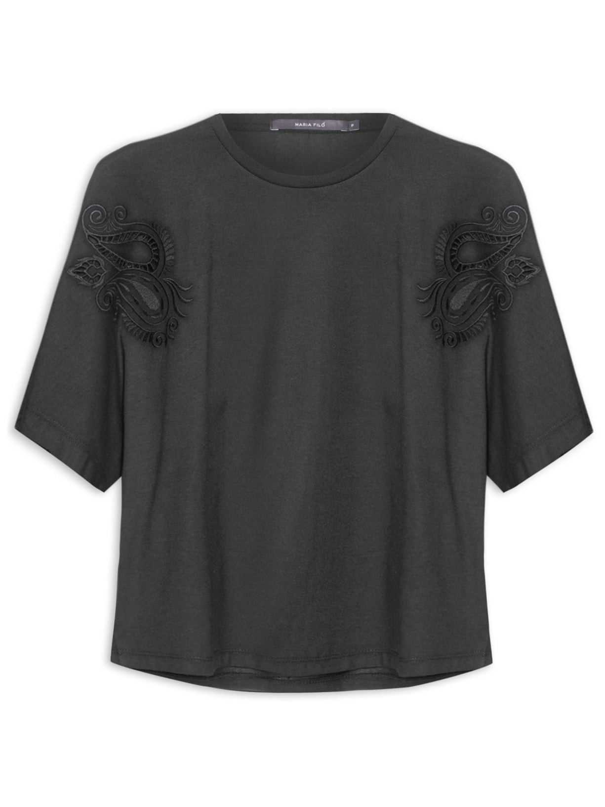 Blusa Feminina Manga Curta Bordado Ombro - Preto