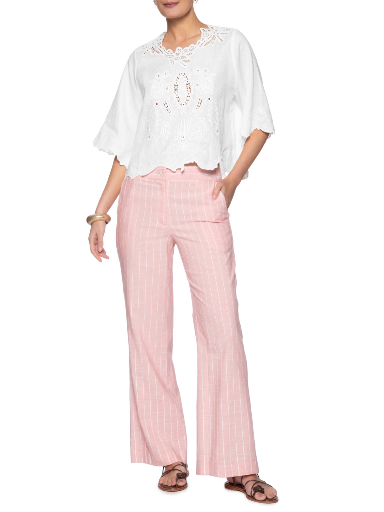 Blusa Feminina Manga Curta Bordado Richelieu Branco Maria Filó