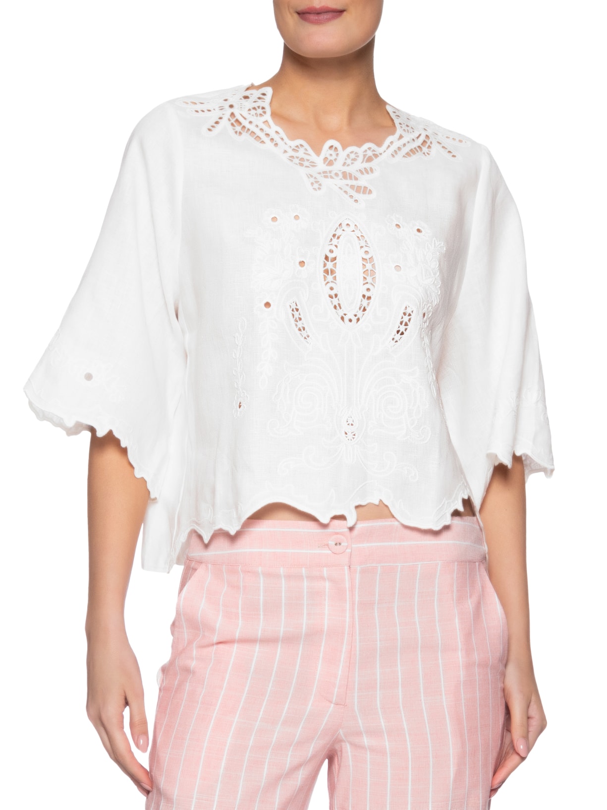 Blusa Feminina Manga Curta Bordado Richelieu Branco Maria Filó