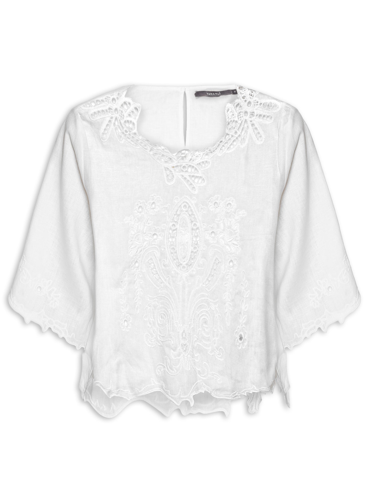 Blusa Feminina Manga Curta Bordado Richelieu Branco Maria Filó