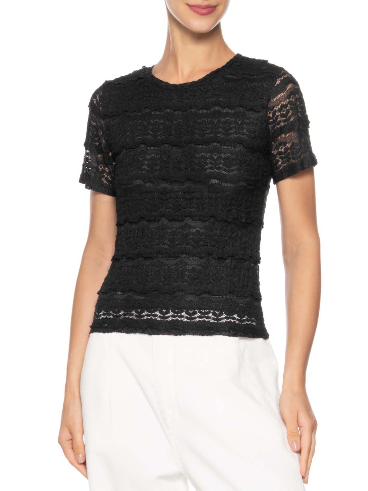 Blusa Feminina Manga Curta Em Renda Preto Market 33