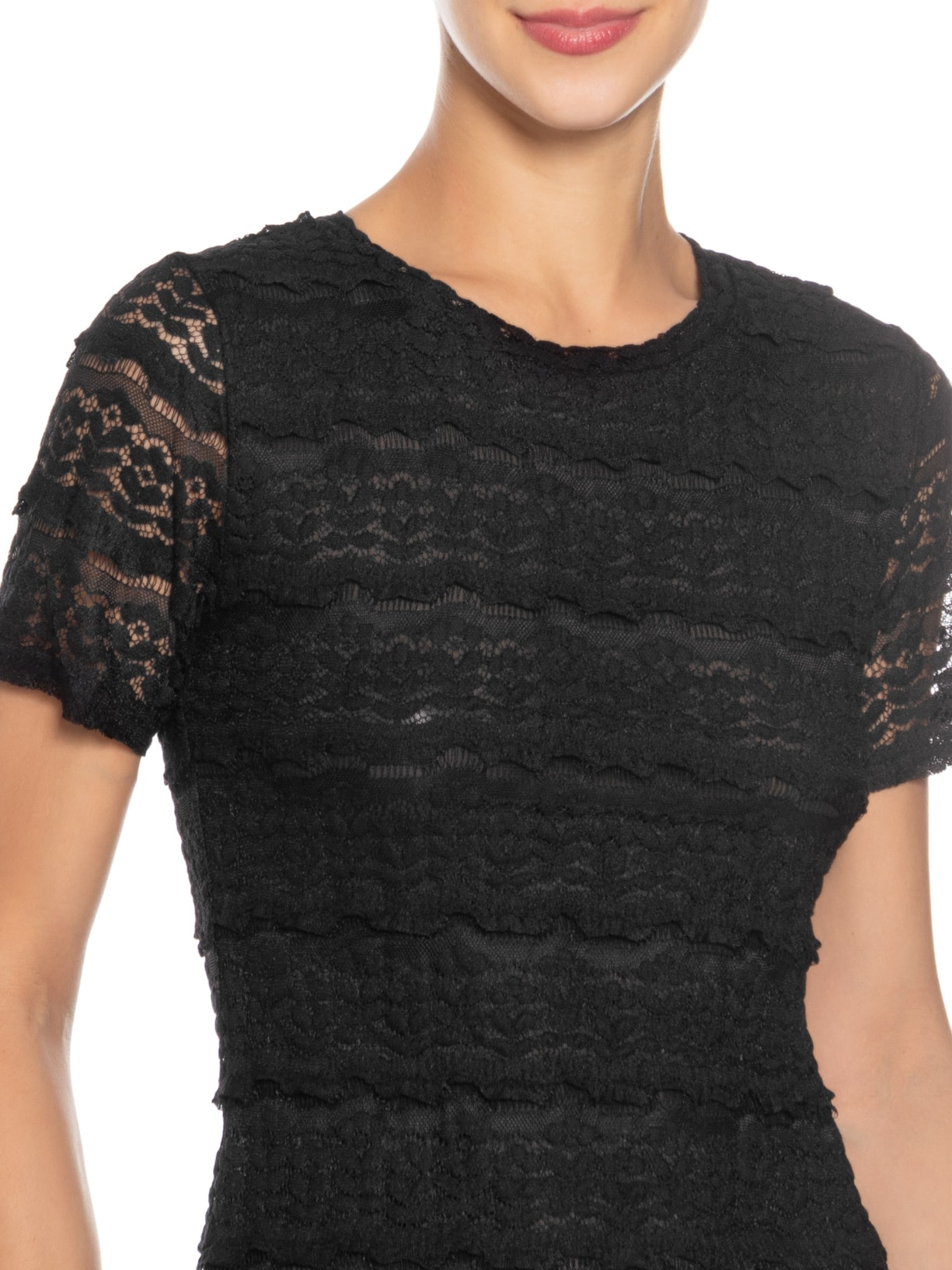 Blusa Feminina Manga Curta Em Renda Preto Market 33