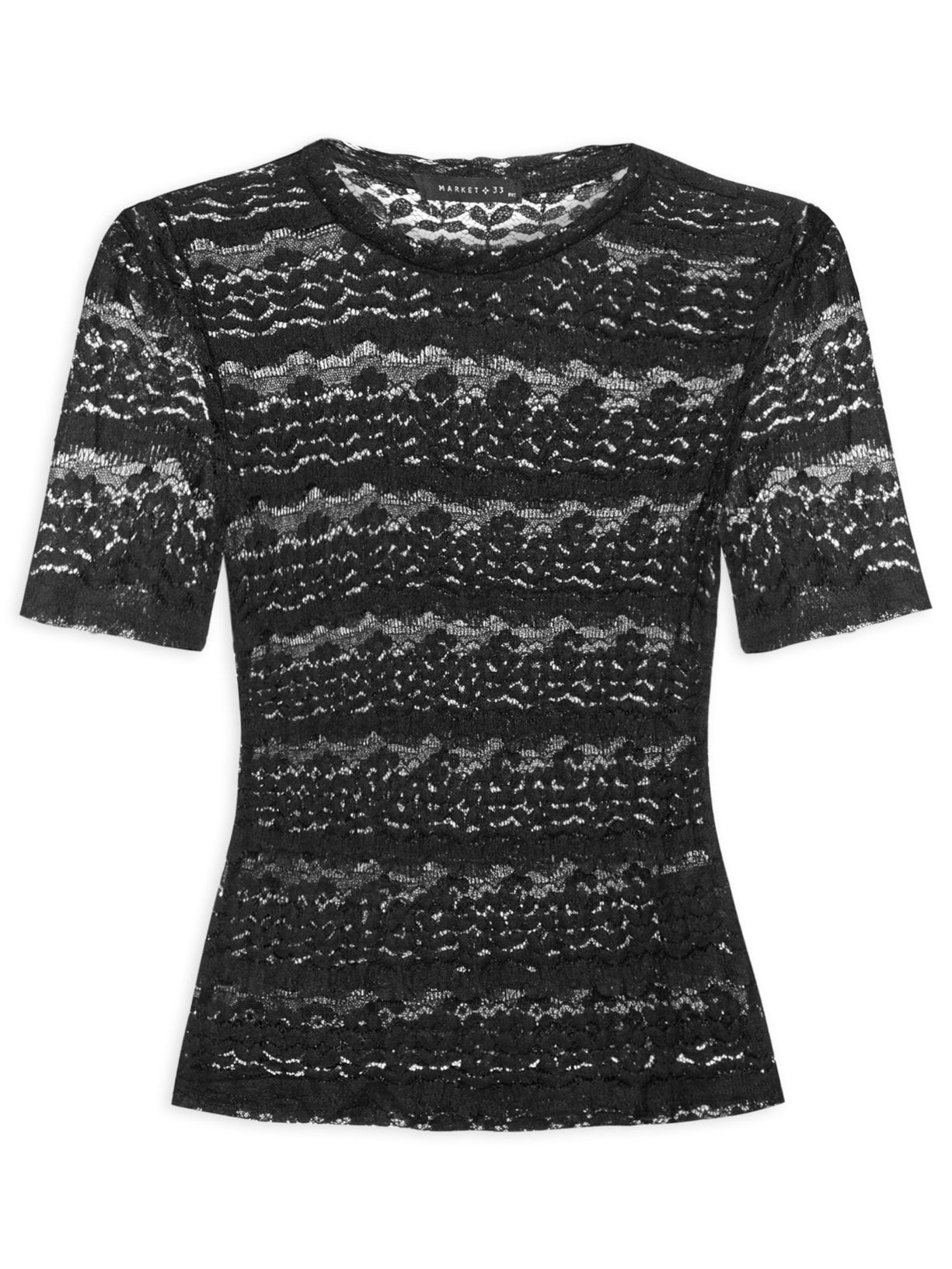 Blusa Feminina Manga Curta Em Renda Preto Market 33