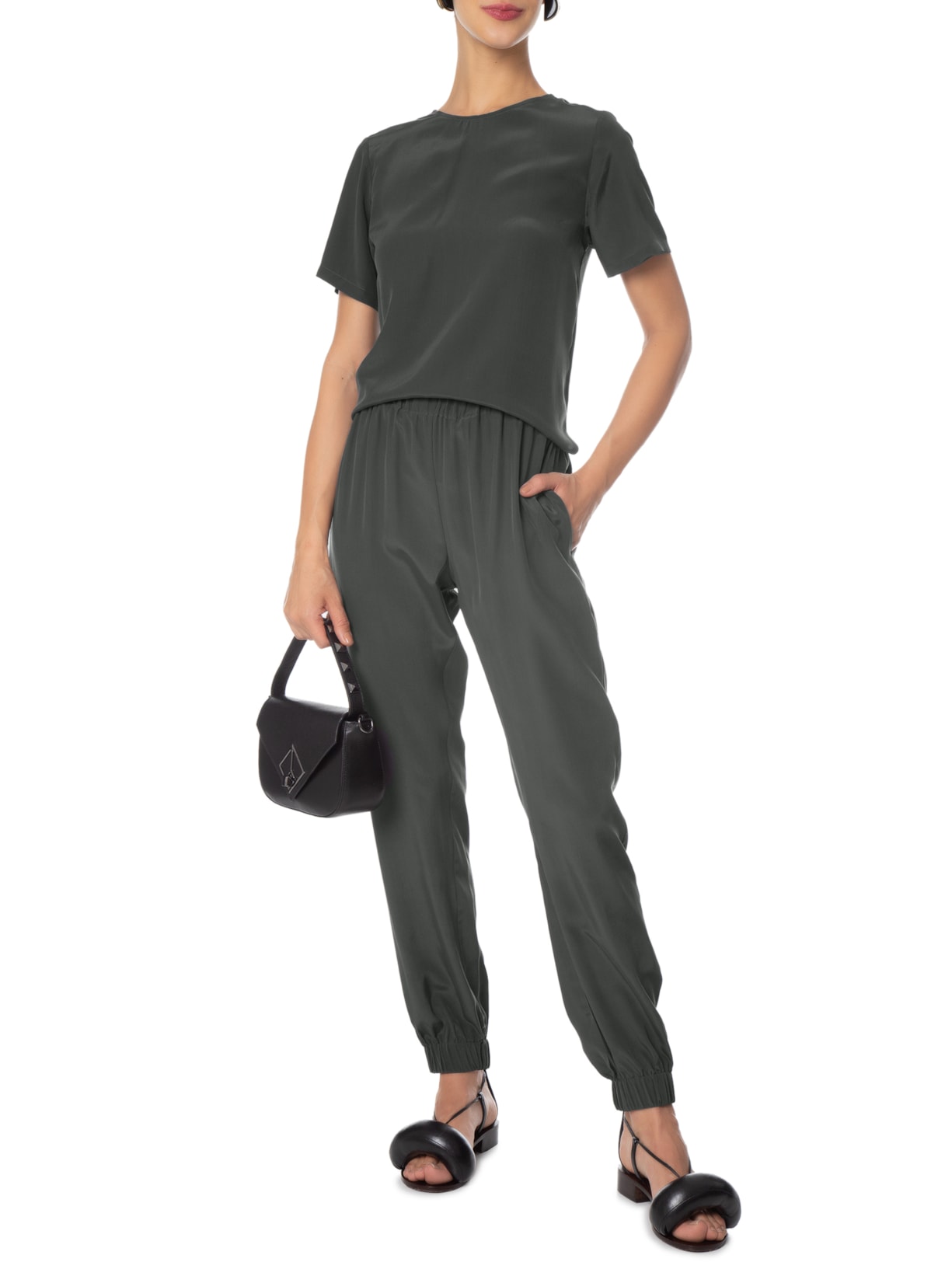 Blusa Feminina Manga Curta Em Seda Pura Cinza '2Essential