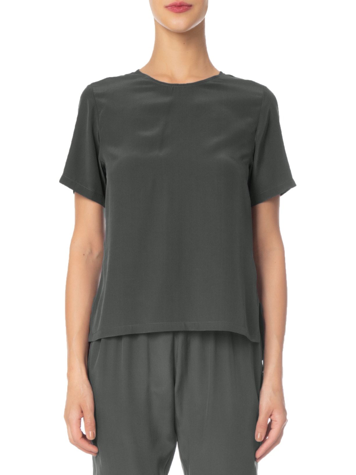 Blusa Feminina Manga Curta Em Seda Pura Cinza '2Essential