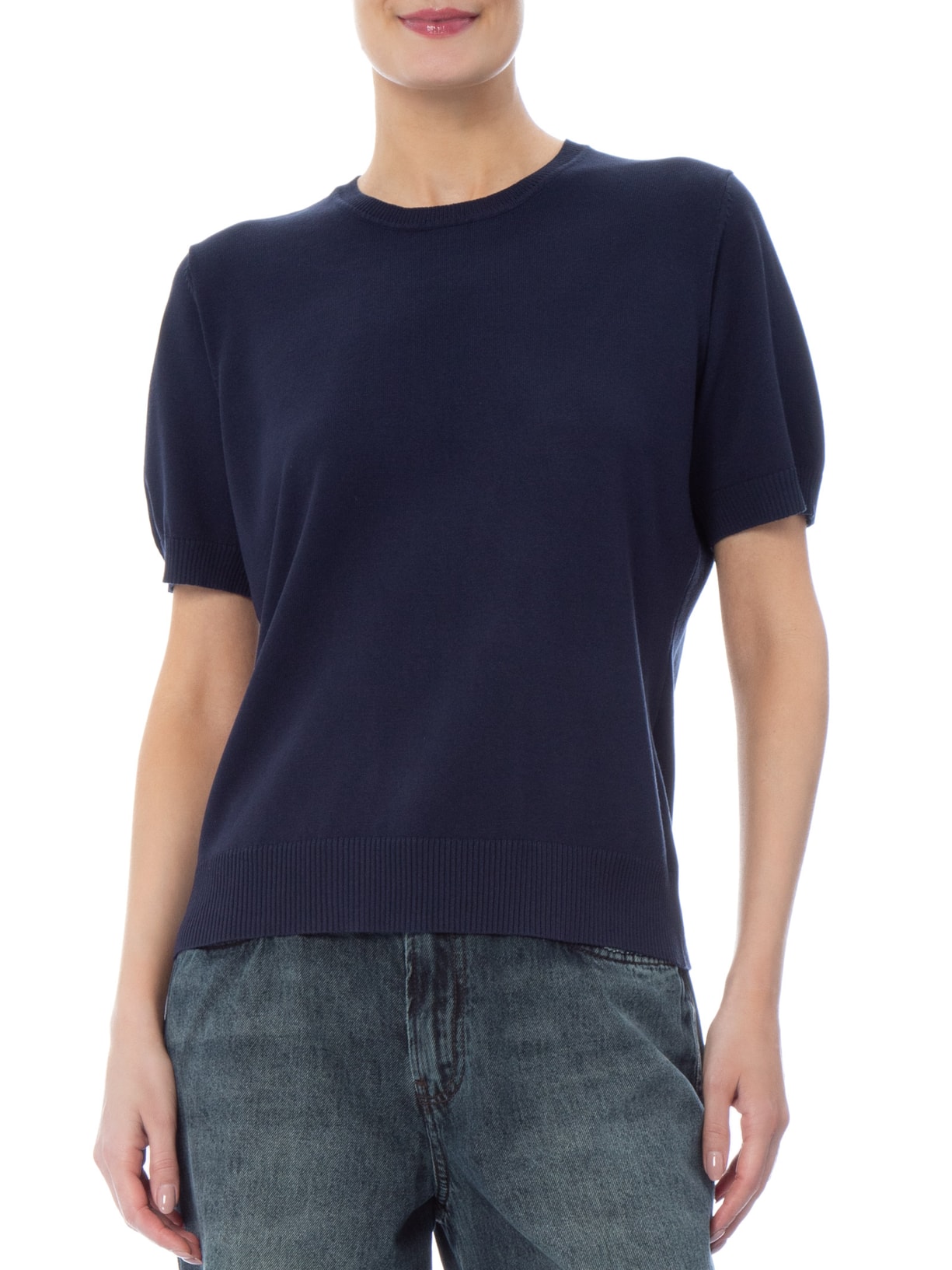 Blusa Feminina Manga Curta em Tricot Azul Basiq
