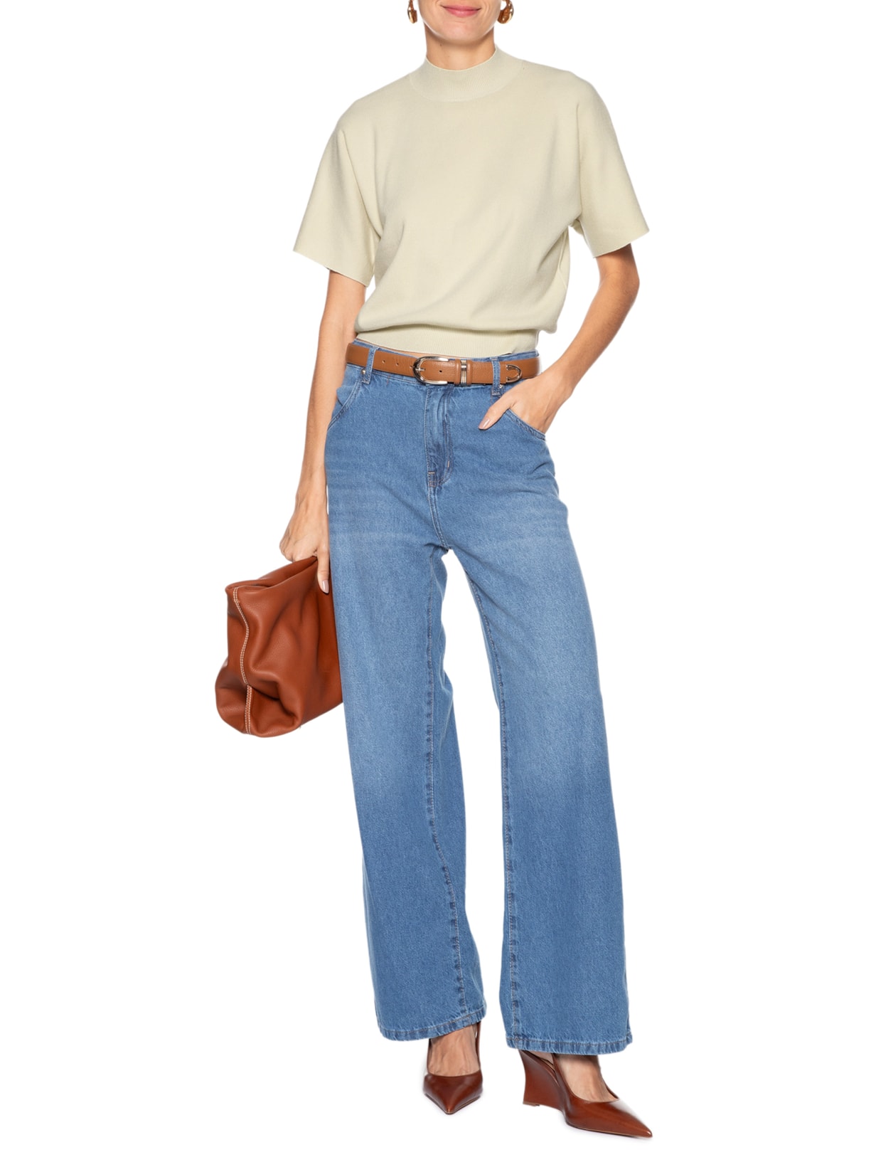 Blusa Feminina Manga Curta Em Tricot Bege '2Essential