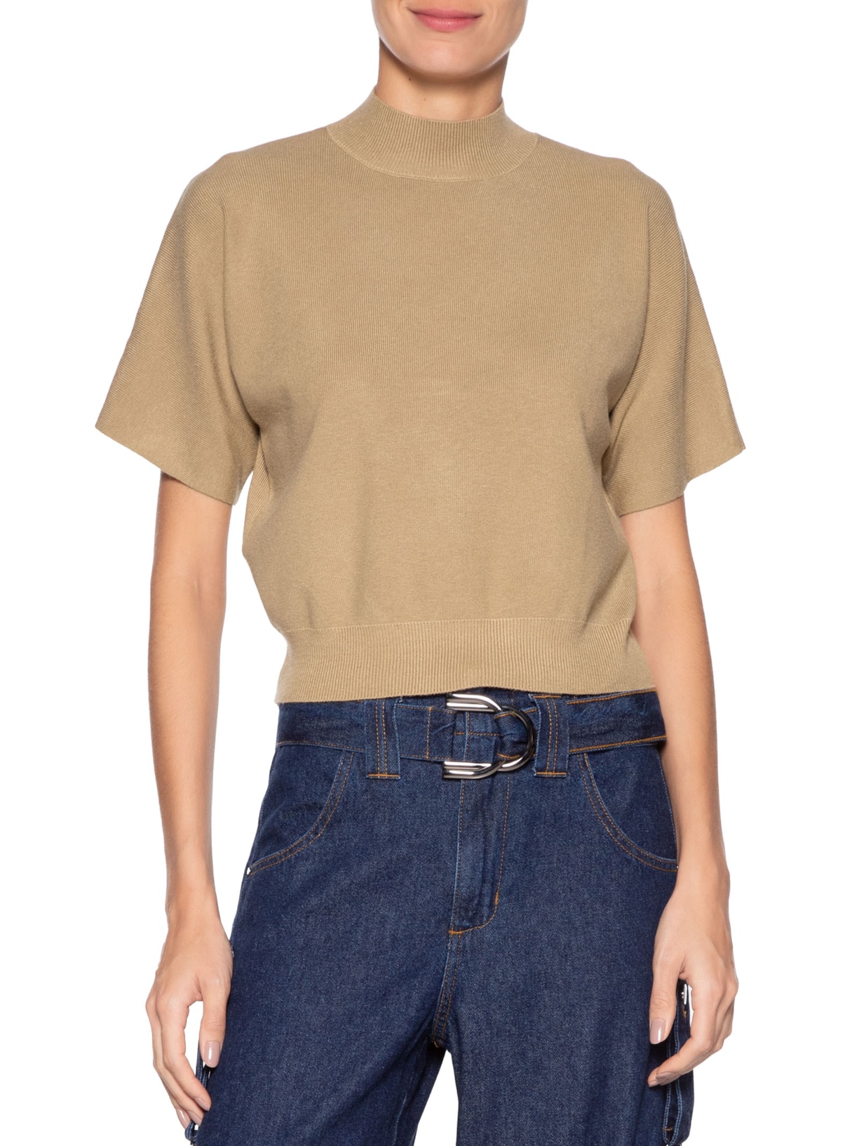 Blusa Feminina Manga Curta Em Tricot Bege '2Essential