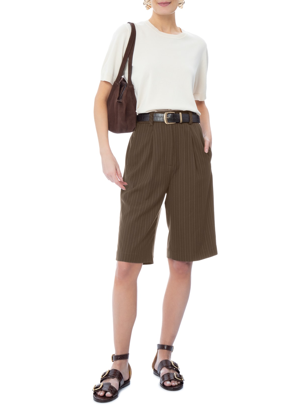 Blusa Feminina Manga Curta em Tricot Bege Basiq