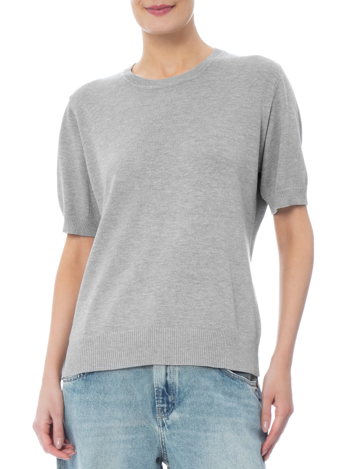 Blusa Feminina Manga Curta em Tricot Cinza Basiq