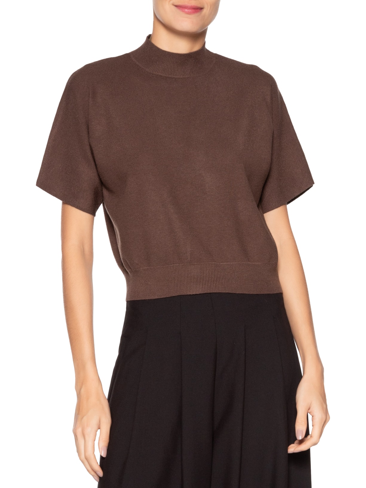 Blusa Feminina Manga Curta Em Tricot Marrom '2Essential