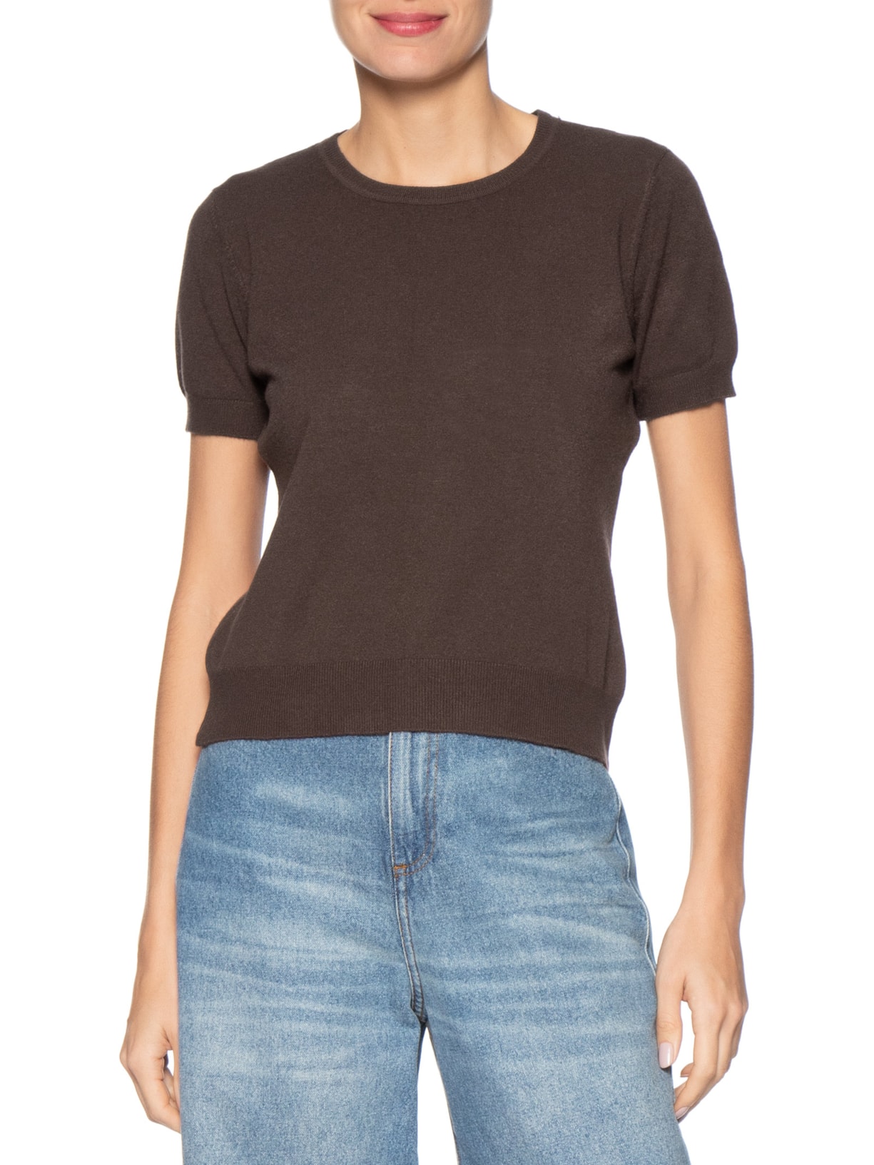 Blusa Feminina Manga Curta Em Tricot Marrom Basiq