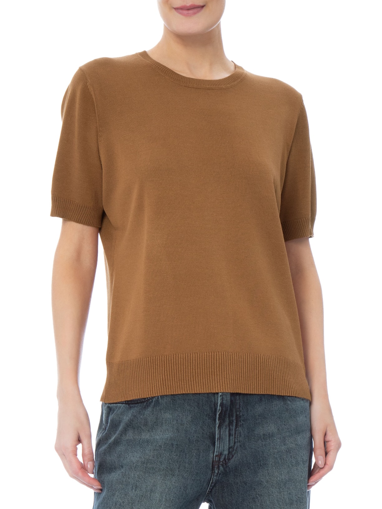 Blusa Feminina Manga Curta em Tricot Marrom Basiq