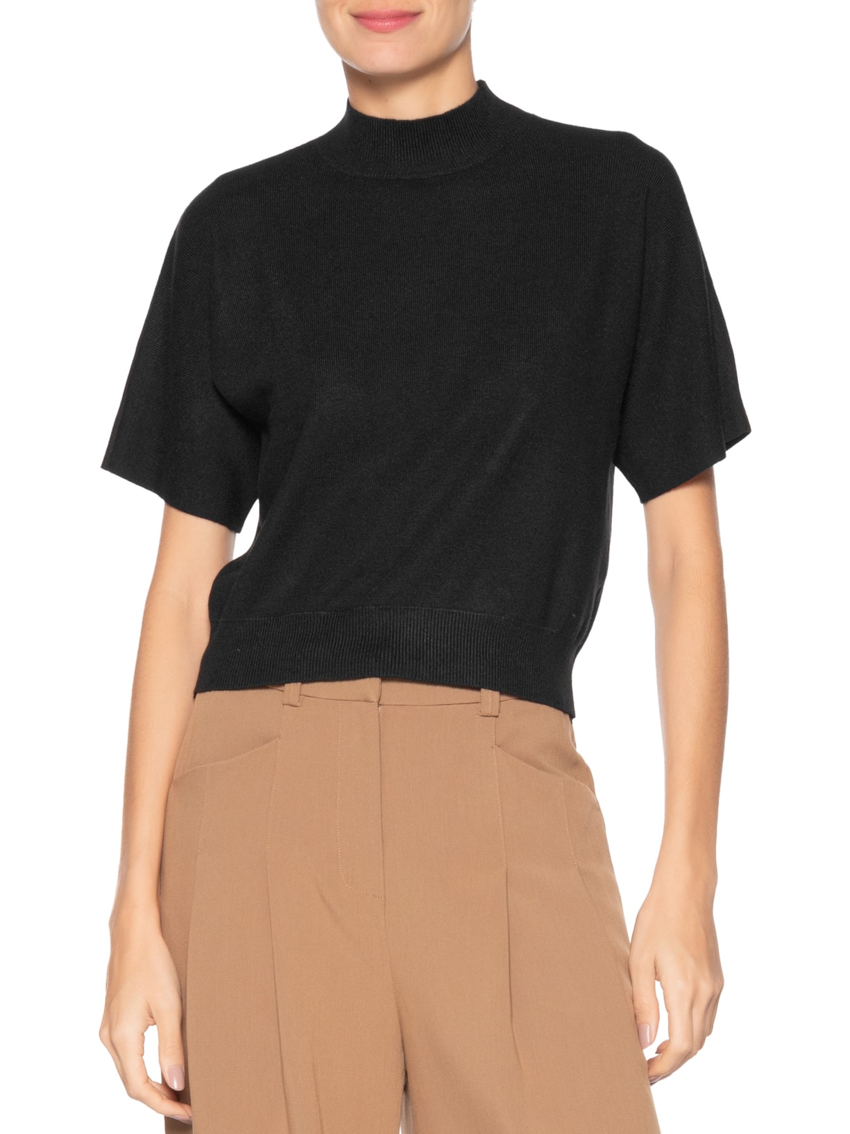 Blusa Feminina Manga Curta Em Tricot Preto '2Essential