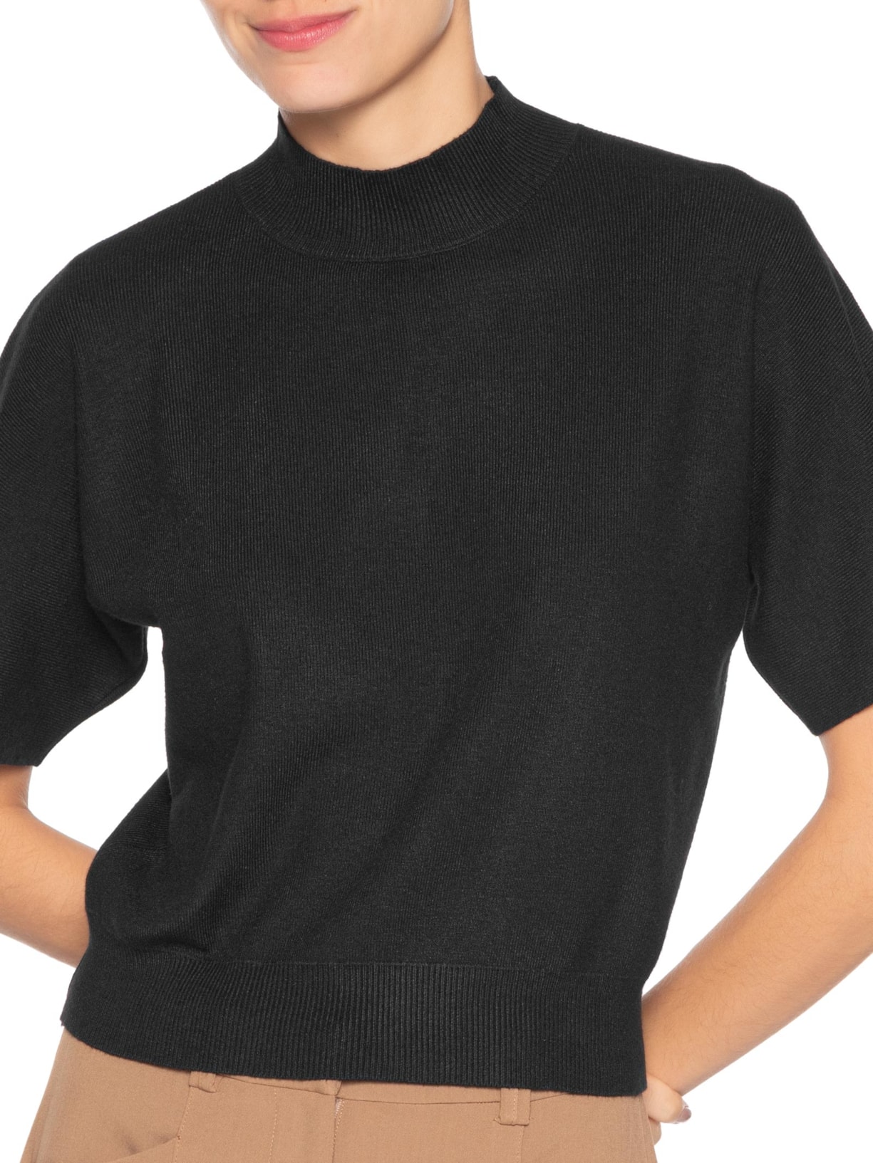 Blusa Feminina Manga Curta Em Tricot Preto '2Essential