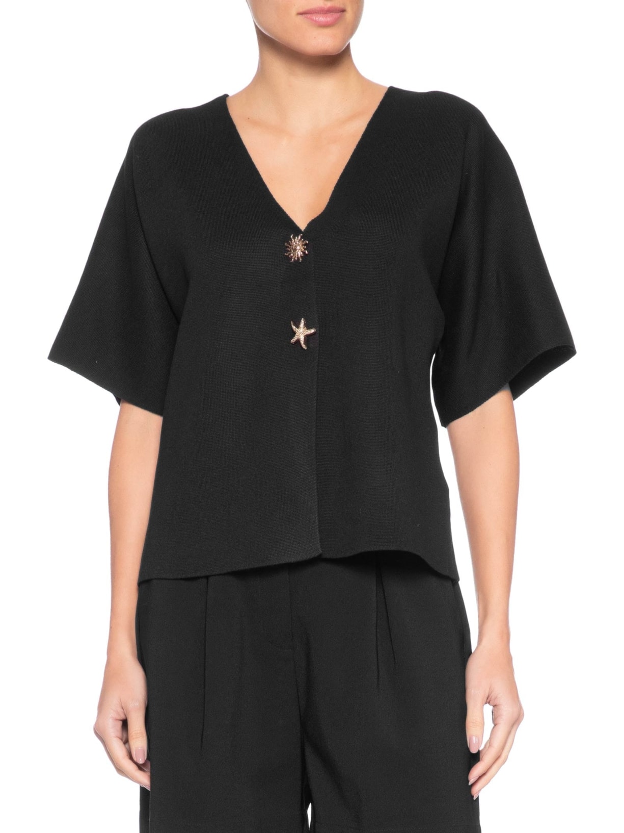 Blusa Feminina Manga Curta Em Tricot Preto '2Essential