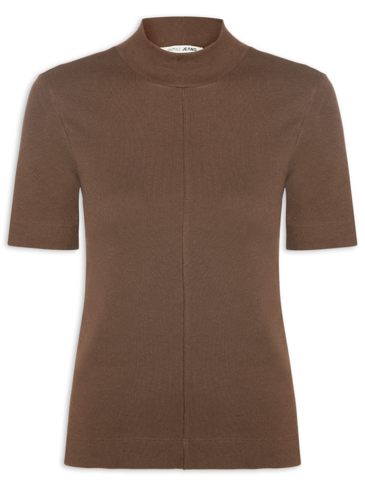 Blusa Feminina Manga Curta Gola Alta Ribana Marrom Animale Jeans