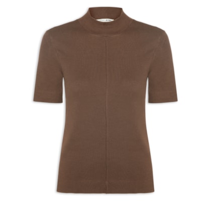 Blusa Feminina Manga Curta Gola Alta Ribana - Marrom