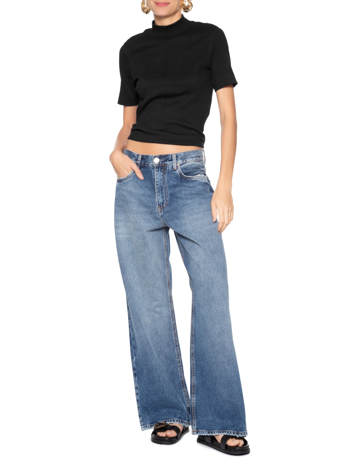 Blusa Feminina Manga Curta Gola Alta Ribana Preto Animale Jeans