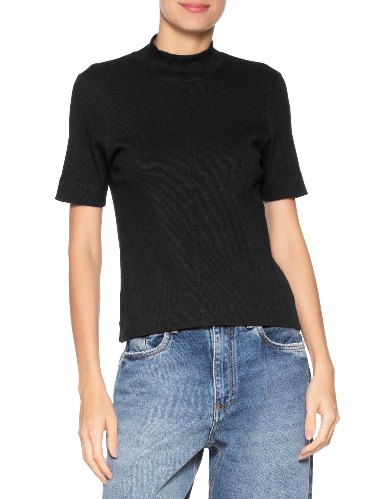 Blusa Feminina Manga Curta Gola Alta Ribana Preto Animale Jeans