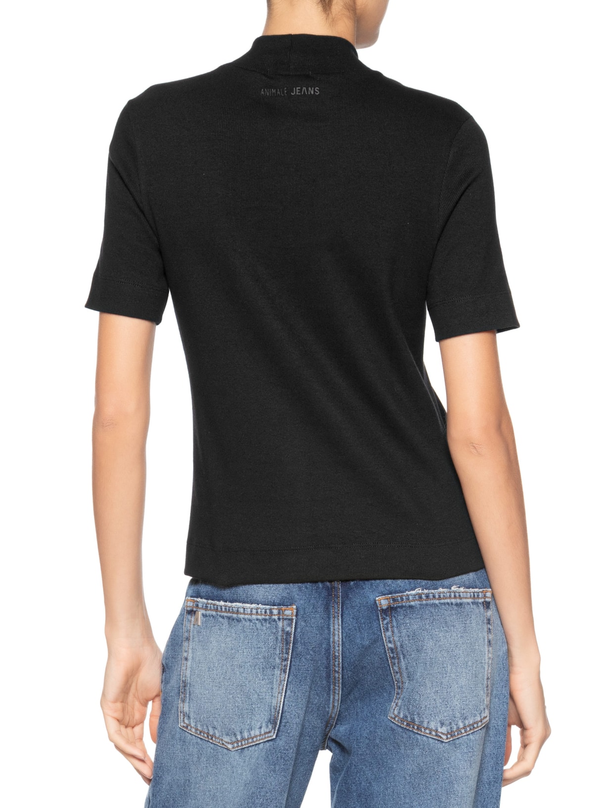 Blusa Feminina Manga Curta Gola Alta Ribana Preto Animale Jeans