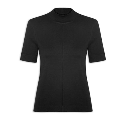 Blusa Feminina Manga Curta Gola Alta Ribana - Preto