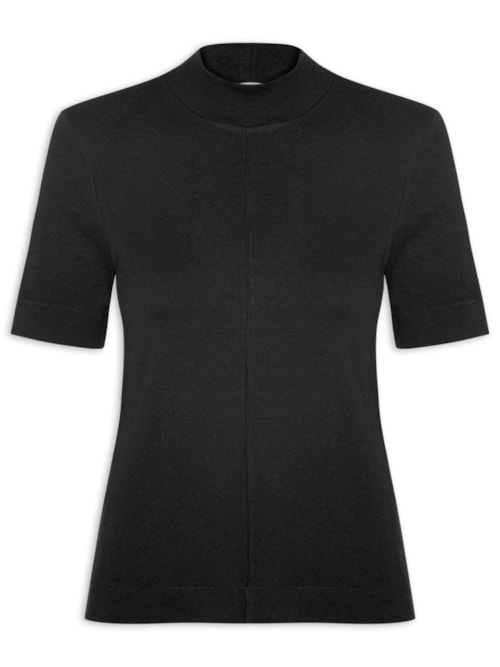 Blusa Feminina Manga Curta Gola Alta Ribana - Preto