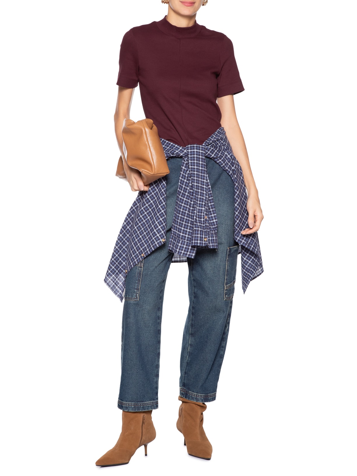 Blusa Feminina Manga Curta Gola Alta Ribana Vermelho Animale Jeans