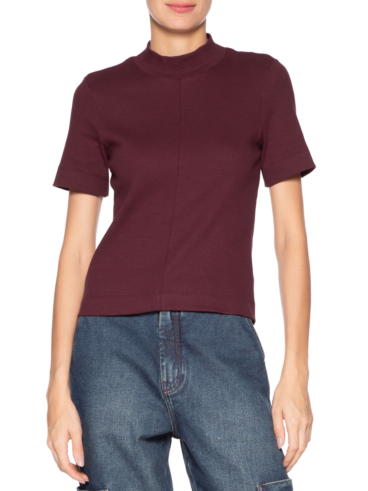 Blusa Feminina Manga Curta Gola Alta Ribana Vermelho Animale Jeans